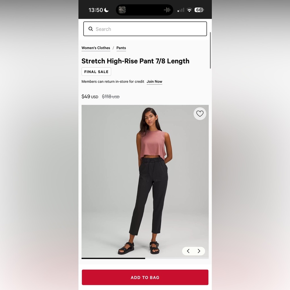 Black Lululemon Stretch High-Rise Pant 7/8 Length